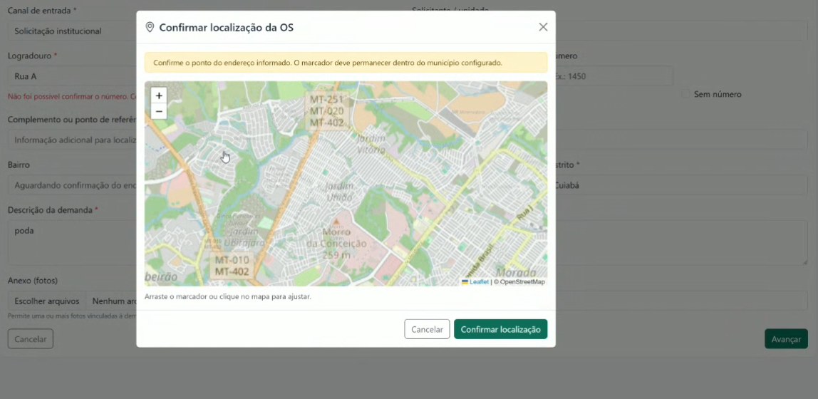Mapa para confirmar a localização de uma ordem de serviço dentro do município