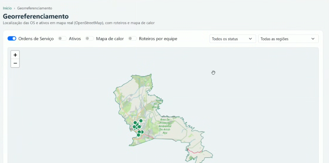 Mapa do município com ordens de serviço georreferenciadas e filtros por status e região