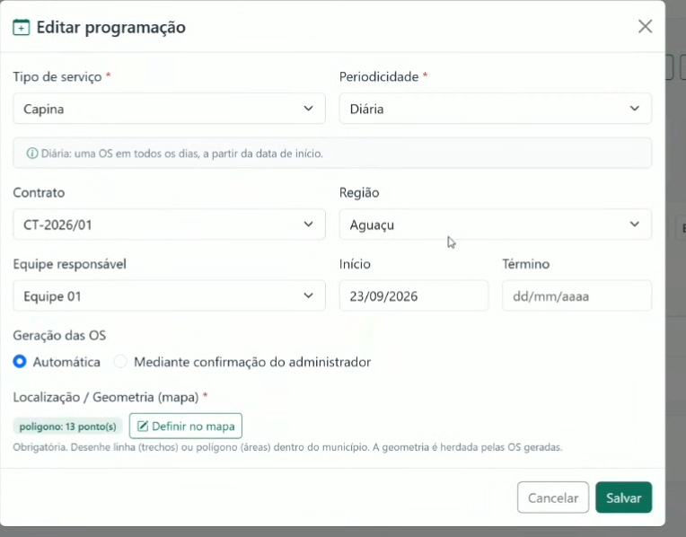 Formulário de programação recorrente com serviço, periodicidade, contrato, equipe e região
